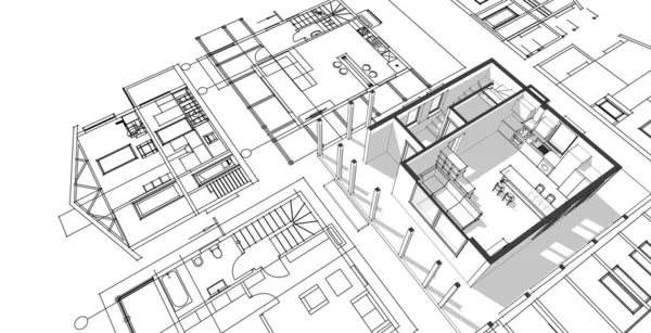 房屋建筑草图3D插图 — 图库照片