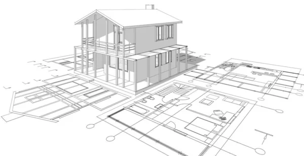 房屋建筑草图3D插图 — 图库照片