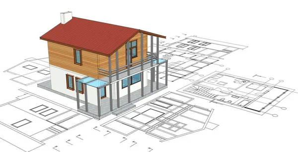 房屋建筑草图3D插图 — 图库照片