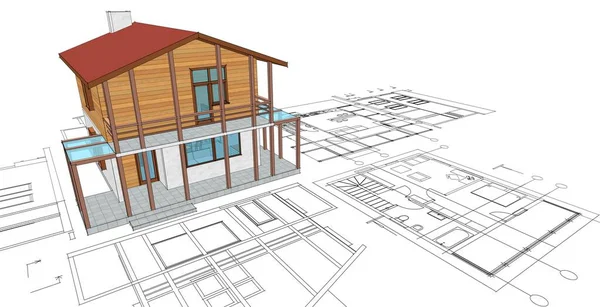 房屋建筑草图3D插图 — 图库照片