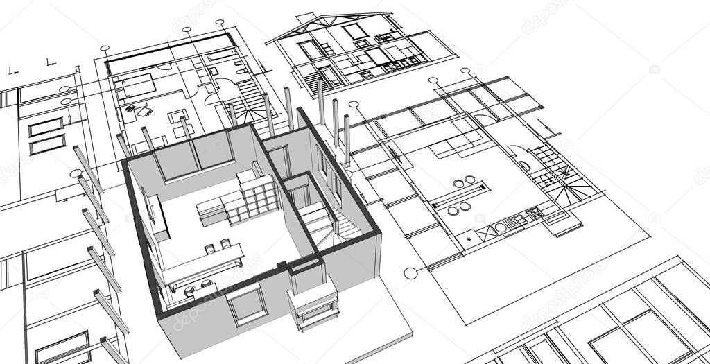 house architectural sketch 3d illustration