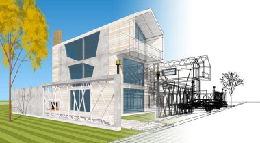 Modern ev çizimi 3d illüstrasyon