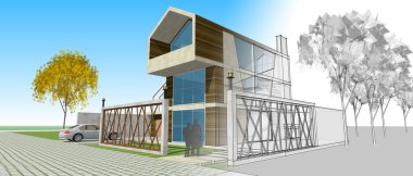 Modern ev çizimi 3d illüstrasyon
