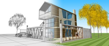 Modern ev çizimi 3d illüstrasyon