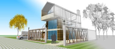 Modern ev çizimi 3d illüstrasyon