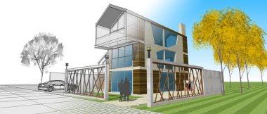 Modern ev çizimi 3d illüstrasyon