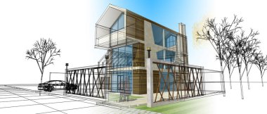 Modern ev çizimi 3d illüstrasyon