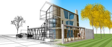 Modern ev çizimi 3d illüstrasyon