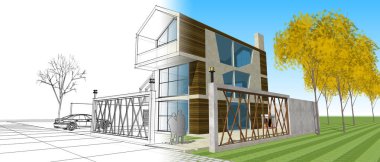 Modern ev çizimi 3d illüstrasyon