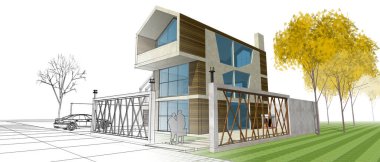 Modern ev çizimi 3d illüstrasyon