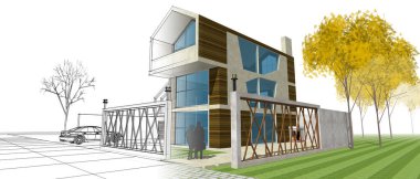 Modern ev çizimi 3d illüstrasyon