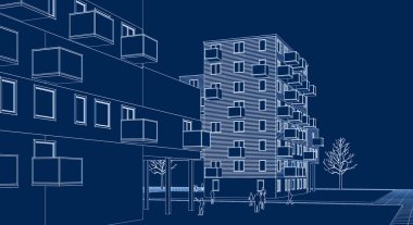 soyut modern mimari modüler cephe 3D illüstrasyon