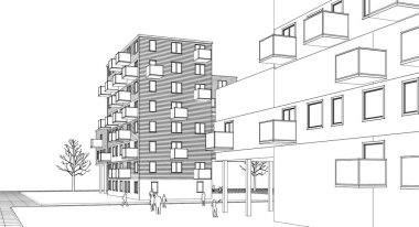 soyut modern mimari modüler cephe 3D illüstrasyon