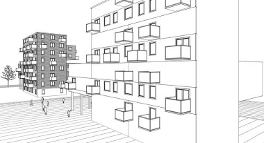 soyut modern mimari modüler cephe 3D illüstrasyon