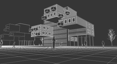 soyut modern mimari modüler cephe 3D illüstrasyon