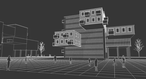 Abstrakcyjna Nowoczesna Architektura Elewacja Modułowa Ilustracja — Zdjęcie stockowe