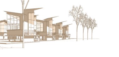 Kasaba mimarisi çizimi 3D illüstrasyon