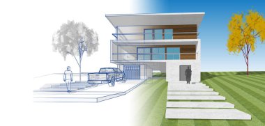 ev mimarisi çizimi 3d illüstrasyon