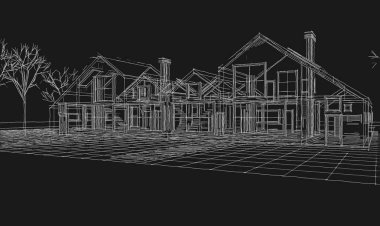 Geleneksel ev çizimi mimari konsept 3D illüstrasyon