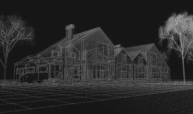 Geleneksel ev çizimi mimari konsept 3D illüstrasyon