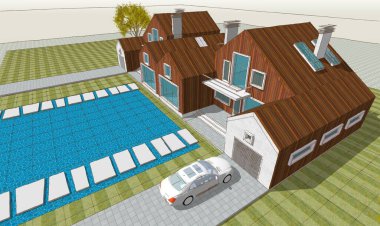 Geleneksel ev çizimi mimari konsept 3D illüstrasyon