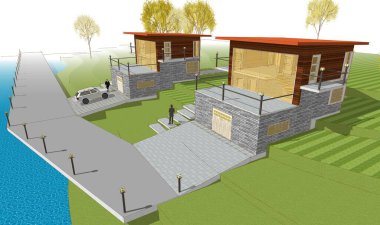 Kasaba mimarisi çizimi 3D illüstrasyon