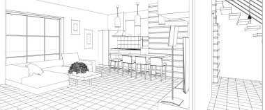 İç mutfak oturma odası 3D görüntü