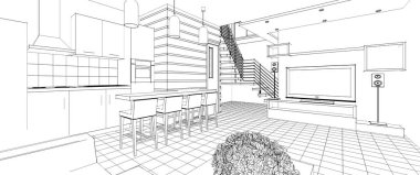 İç mutfak oturma odası 3D görüntü