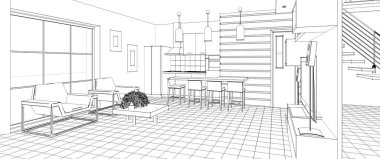 İç mutfak oturma odası 3D görüntü