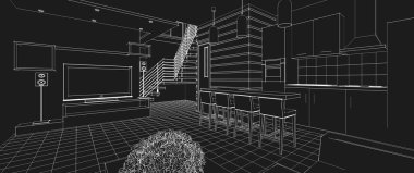 İç mutfak oturma odası 3D görüntü