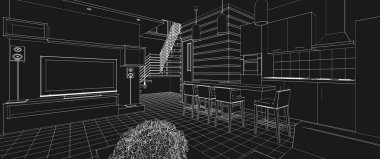 İç mutfak oturma odası 3D görüntü