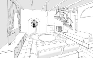 İç mutfak oturma odası 3D görüntü