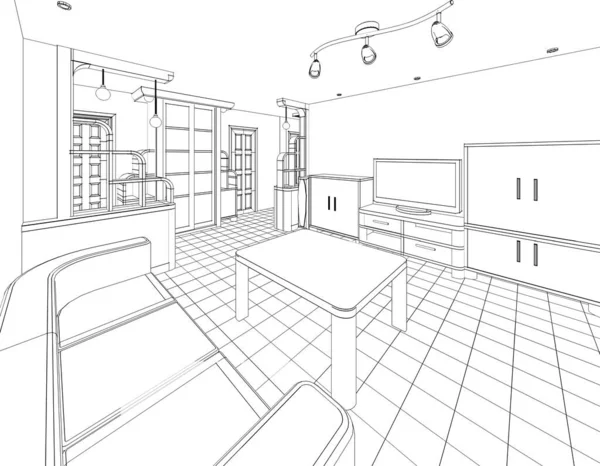 キッチンリビングルーム3Dイラスト — ストック写真