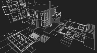 ev planı mimari taslak 3D illüstrasyon