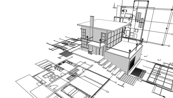 Hus Plan Facader Arkitektonisk Skitse Illustration - Stock-foto