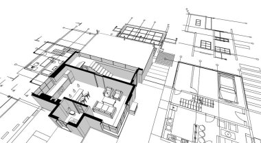 ev planı mimari taslak 3D illüstrasyon