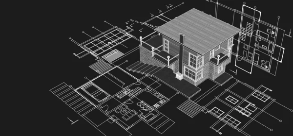 Dom Plan Fasady Architektoniczny Szkic Ilustracja — Zdjęcie stockowe