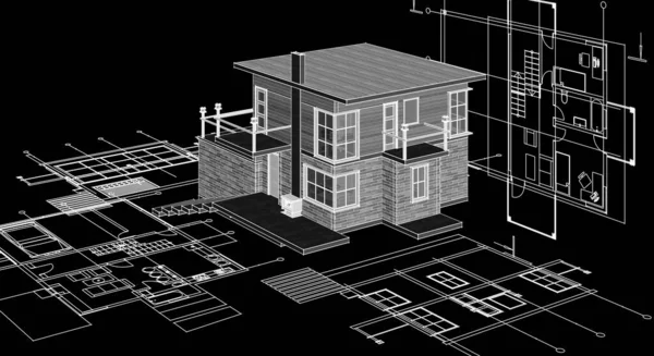 Casa Pianta Facciate Schizzo Architettonico Illustrazione — Foto Stock