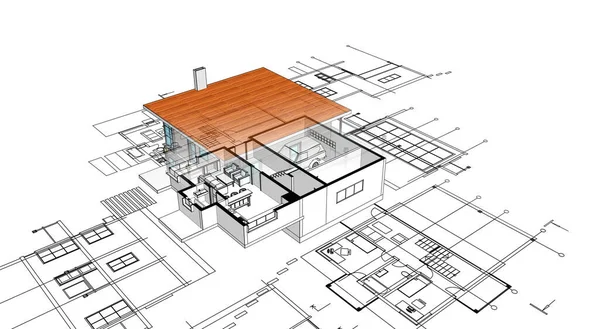 Dom Plan Fasady Architektoniczny Szkic Ilustracja — Zdjęcie stockowe