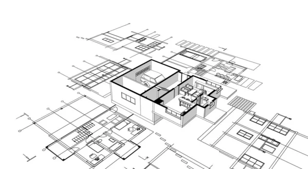 家の計画は建築のスケッチ3Dイラストに直面し — ストック写真