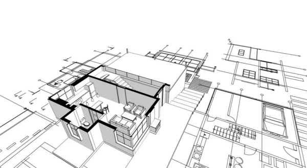 家の計画は建築のスケッチ3Dイラストに直面し — ストック写真