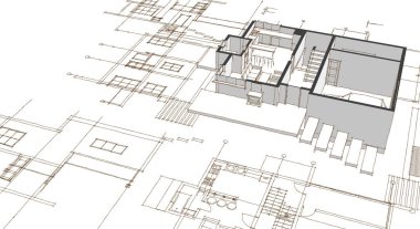 ev planı mimari taslak 3D illüstrasyon