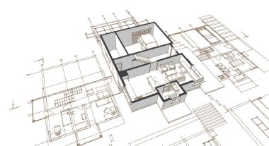 ev planı mimari taslak 3D illüstrasyon
