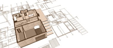 ev planı mimari taslak 3D illüstrasyon