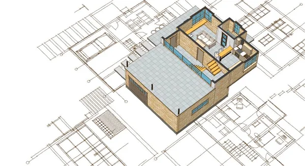 Dům Plán Fasády Architektonický Náčrt Ilustrace — Stock fotografie