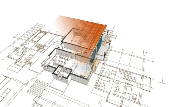 Dům Plán Fasády Architektonický Náčrt Ilustrace — Stock fotografie