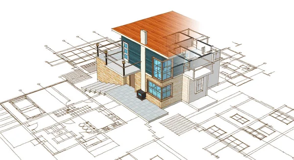 Haus Plan Fassaden Architektonische Skizze Illustration — Stockfoto