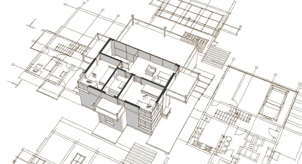 Dom Plan Fasady Architektoniczny Szkic Ilustracja — Zdjęcie stockowe