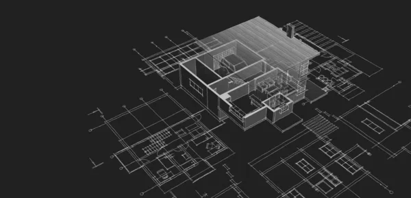 家の計画は建築のスケッチ3Dイラストに直面し — ストック写真