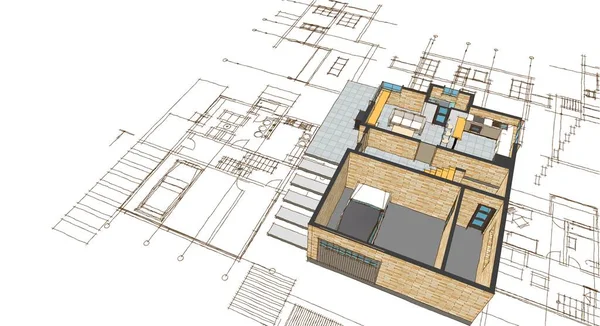 Dom Plan Fasady Architektoniczny Szkic Ilustracja — Zdjęcie stockowe